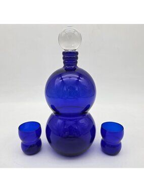 MCM Cobalt Blue Glass Decanter 2 Glasses & Clear Stopper 9.5" Tall Double Sphere
